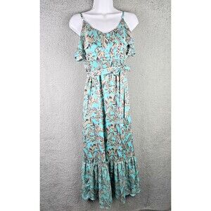 MM Couture Maxi Dress Large Jade Green Feather Ruffle Smocked Waist Boho Trendy